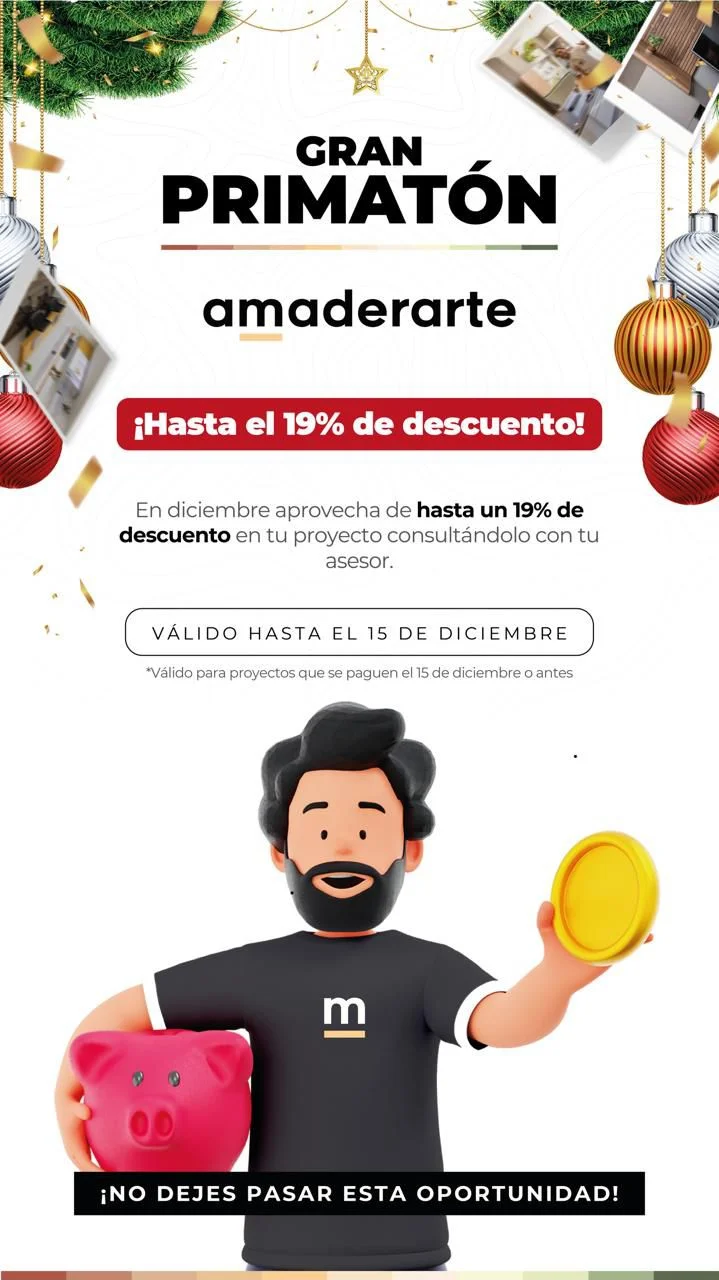 Un personaje animado sostiene una alcancía rosada y una moneda dorada, invitando a aprovechar descuentos exclusivos en proyectos personalizados durante diciembre, con decoraciones navideñas en el fondo.